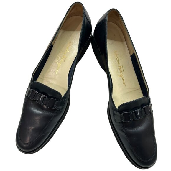 Salvatore Ferragamo Navy Leather Loafers w/ Ferragamo logo buckle Size 10 / 4A - Picture 10 of 10